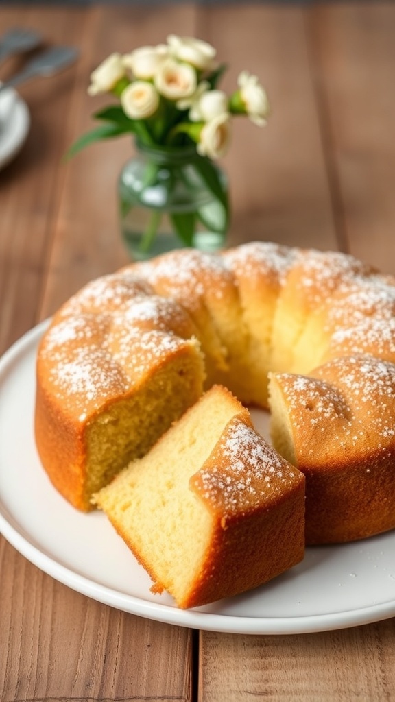 Brown Butter Vanilla Cake Recipe A slice of brown butter vanilla cake dusted with powdered sugar on a rustic wooden table.